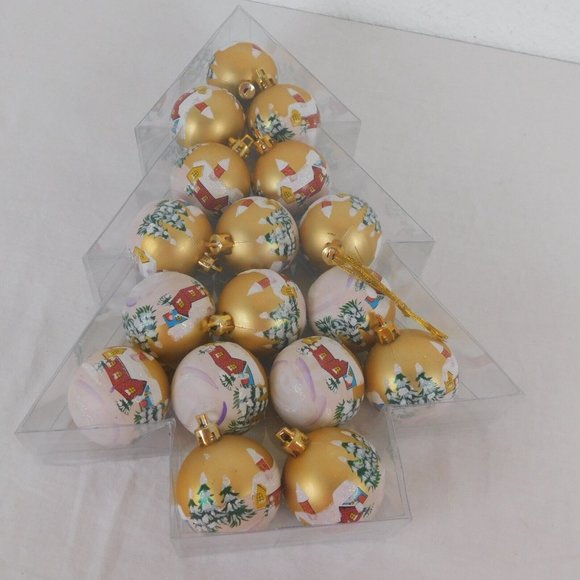 Christmas Ornaments Gold Ball Painted Tree Church Winter 17 Tree Shaped Package - Picture 2 of 8